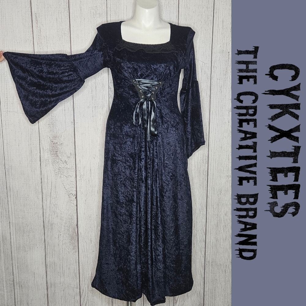 VTG 90s CYKXTEES Velvet Renaissance Goth Maxi Dress Bell Sleeves Corset Witch XL